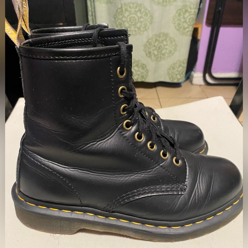 Dr. Martens Black Leather Lace-Up Boots with Yellow Stitching - Picture 4 of 9